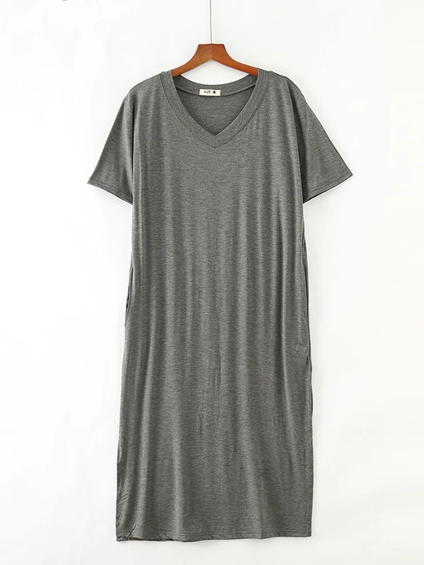Simple Short Sleeves Loose Split-Side Solid Color V-Neck Pajamas Dress - Image 7