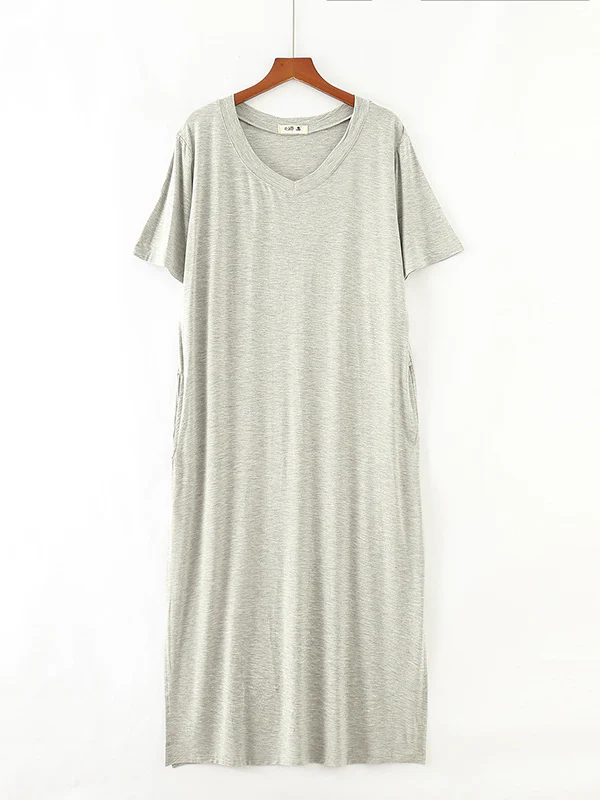 Simple Short Sleeves Loose Split-Side Solid Color V-Neck Pajamas Dress - Image 8