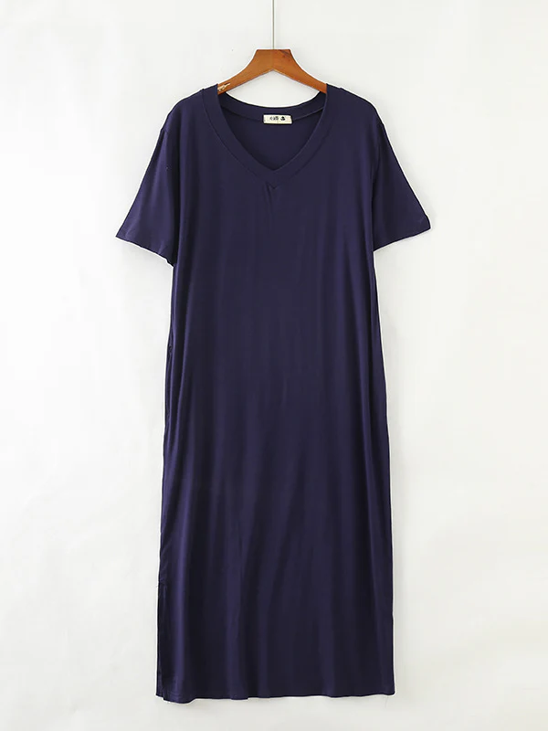 Simple Short Sleeves Loose Split-Side Solid Color V-Neck Pajamas Dress - Image 9