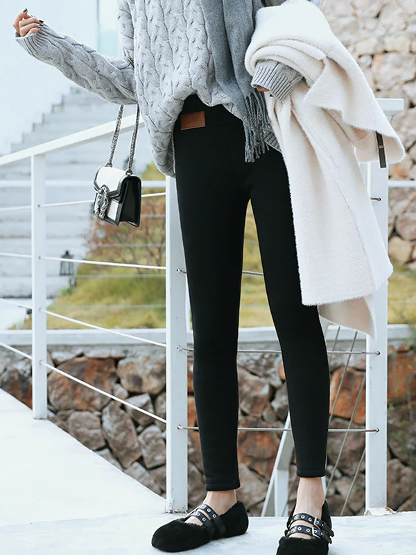 Simple Skinny Leg Keep Warm Solid Color With Velvet Leggings - Image 7