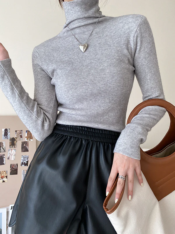 Simple Skinny Long Sleeves Solid Color High-Neck Pullovers - Image 3