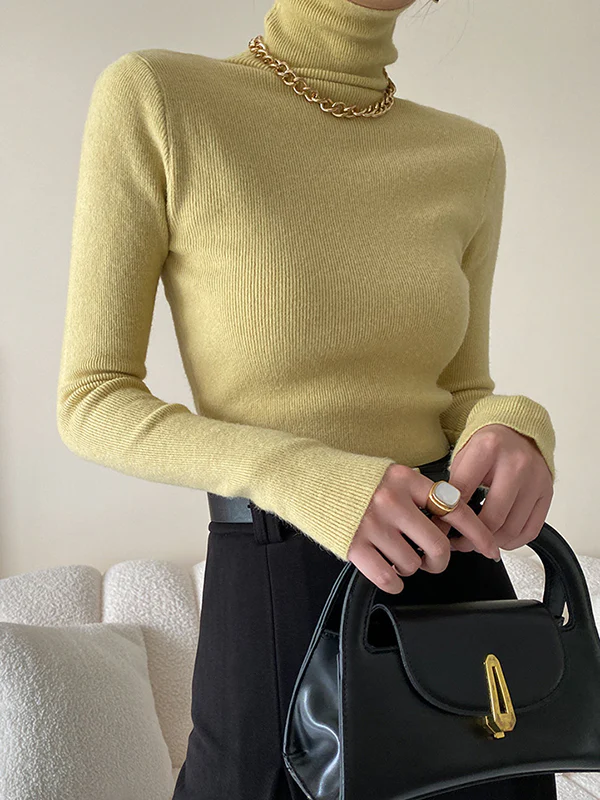 Simple Skinny Long Sleeves Solid Color High-Neck Pullovers - Image 5