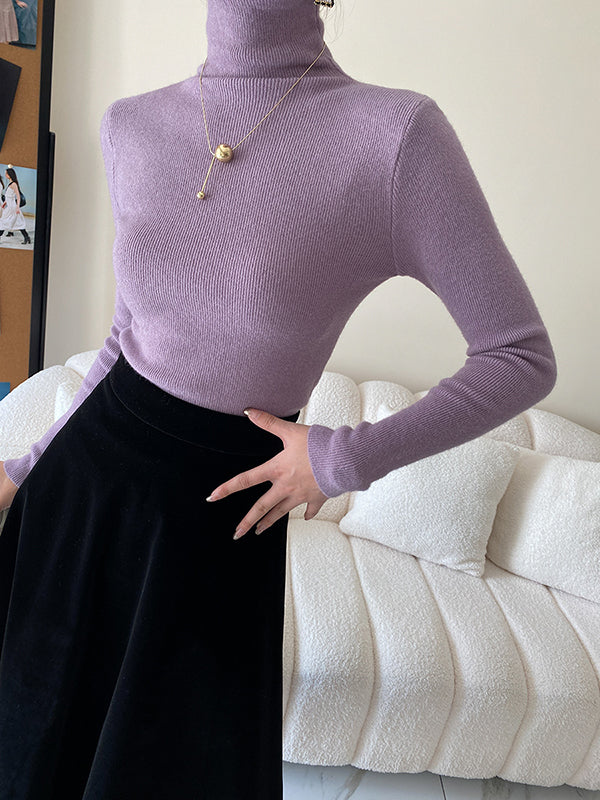 Simple Skinny Long Sleeves Solid Color High-Neck Pullovers - Image 6