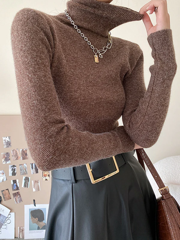 Simple Skinny Long Sleeves Solid Color High-Neck Pullovers - Image 7