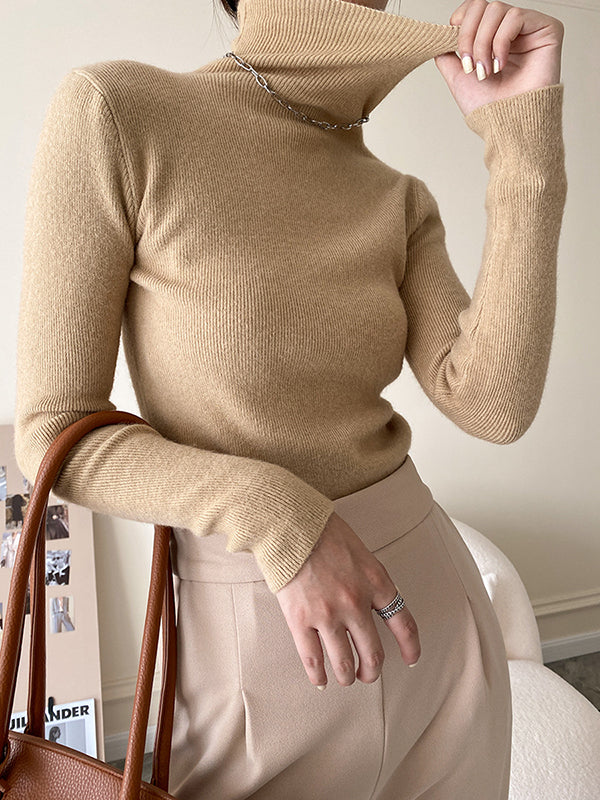 Simple Skinny Long Sleeves Solid Color High-Neck Pullovers - Image 8