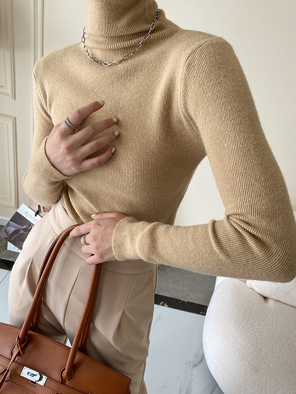 Simple Skinny Long Sleeves Solid Color High-Neck Pullovers - Image 9