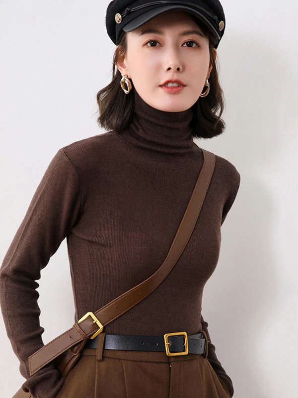 Simple Skinny Long Sleeves Solid Color High-Neck Sweater Tops Pullovers - Image 10