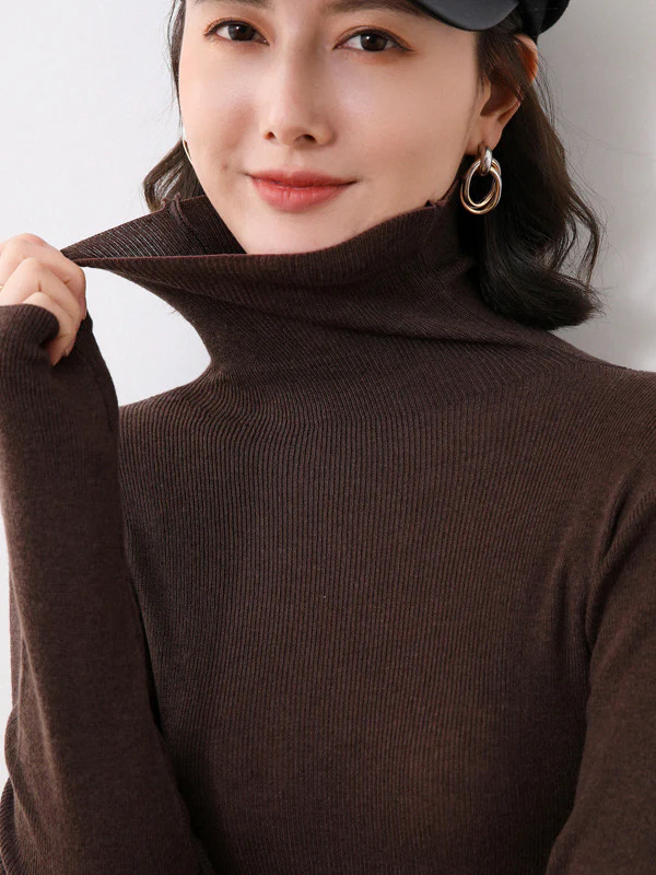 Simple Skinny Long Sleeves Solid Color High-Neck Sweater Tops Pullovers - Image 11