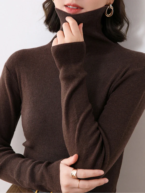 Simple Skinny Long Sleeves Solid Color High-Neck Sweater Tops Pullovers - Image 12