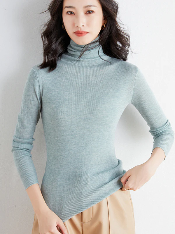 Simple Skinny Long Sleeves Solid Color High-Neck Sweater Tops Pullovers - Image 14
