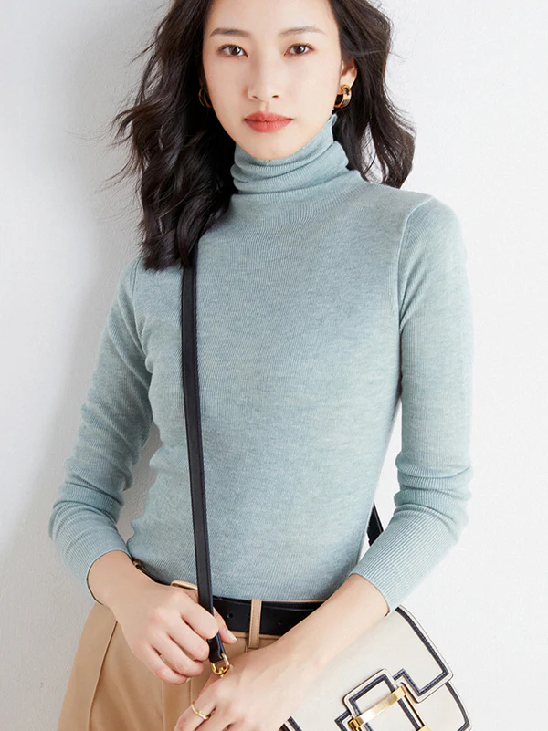 Simple Skinny Long Sleeves Solid Color High-Neck Sweater Tops Pullovers - Image 15