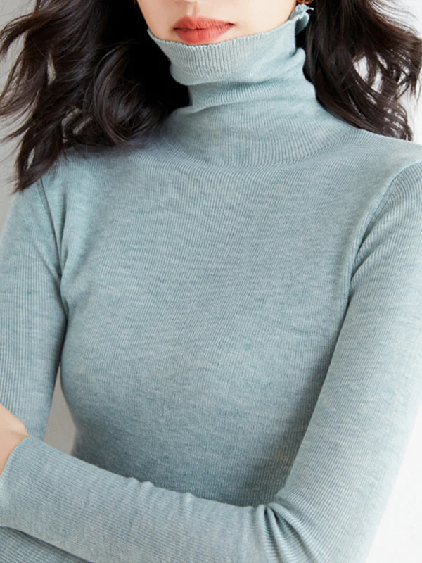 Simple Skinny Long Sleeves Solid Color High-Neck Sweater Tops Pullovers - Image 16