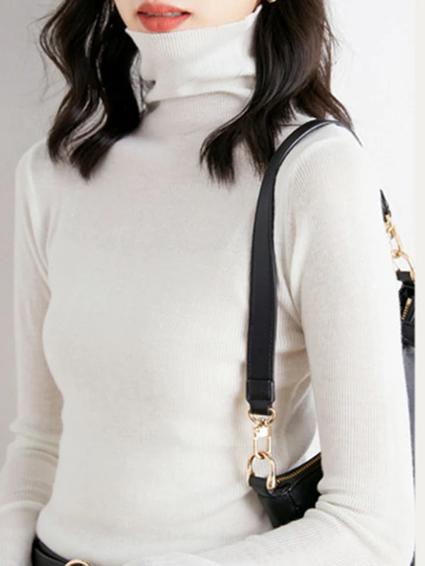 Simple Skinny Long Sleeves Solid Color High-Neck Sweater Tops Pullovers - Image 19