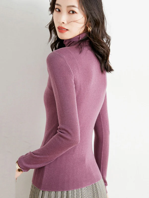 Simple Skinny Long Sleeves Solid Color High-Neck Sweater Tops Pullovers - Image 22