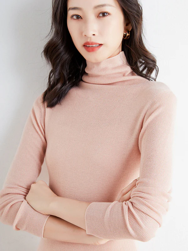 Simple Skinny Long Sleeves Solid Color High-Neck Sweater Tops Pullovers - Image 23