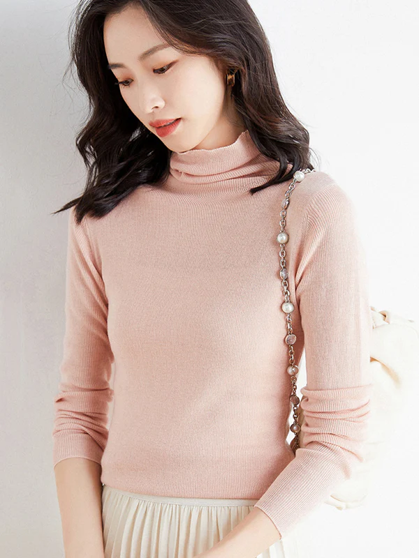 Simple Skinny Long Sleeves Solid Color High-Neck Sweater Tops Pullovers - Image 24