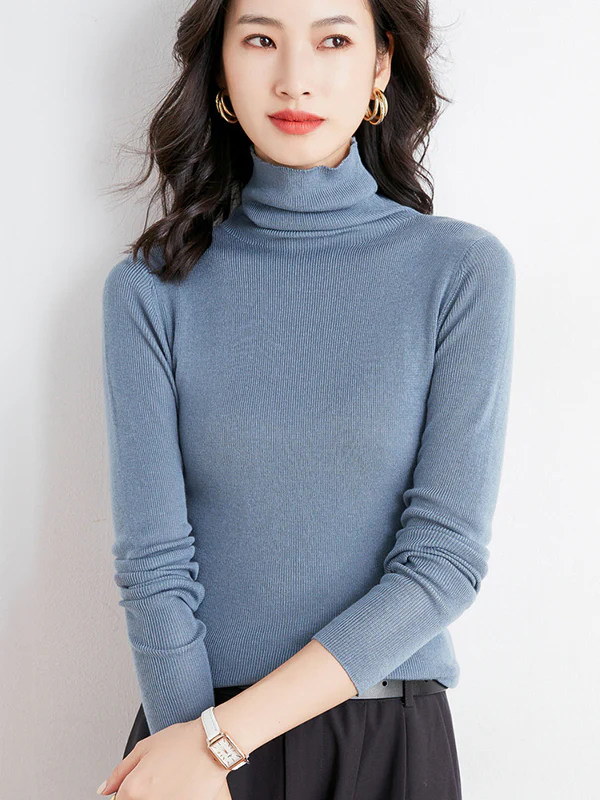 Simple Skinny Long Sleeves Solid Color High-Neck Sweater Tops Pullovers - Image 26