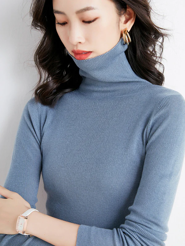 Simple Skinny Long Sleeves Solid Color High-Neck Sweater Tops Pullovers - Image 28
