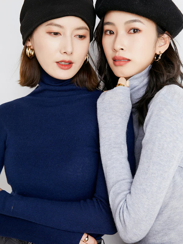 Simple Skinny Long Sleeves Solid Color High-Neck Sweater Tops Pullovers - Image 3