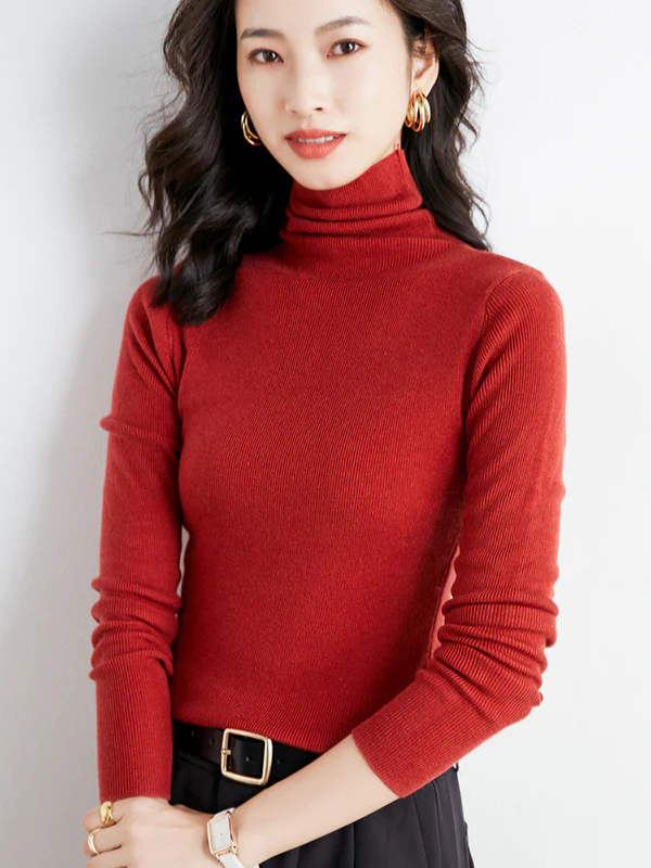 Simple Skinny Long Sleeves Solid Color High-Neck Sweater Tops Pullovers - Image 30