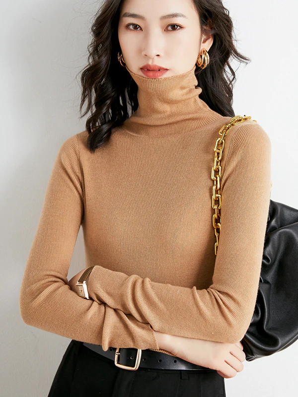 Simple Skinny Long Sleeves Solid Color High-Neck Sweater Tops Pullovers - Image 32