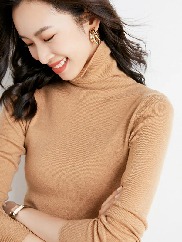 Simple Skinny Long Sleeves Solid Color High-Neck Sweater Tops Pullovers - Image 33