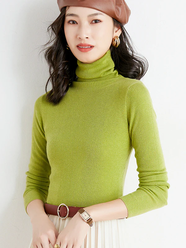 Simple Skinny Long Sleeves Solid Color High-Neck Sweater Tops Pullovers - Image 35