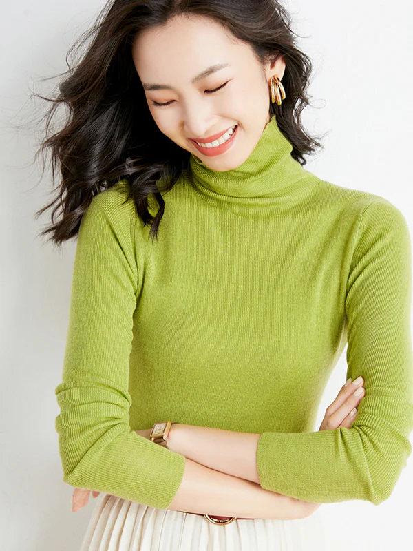 Simple Skinny Long Sleeves Solid Color High-Neck Sweater Tops Pullovers - Image 36