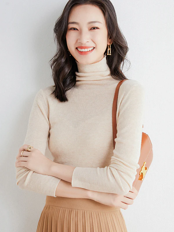 Simple Skinny Long Sleeves Solid Color High-Neck Sweater Tops Pullovers - Image 38