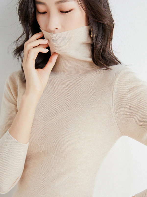 Simple Skinny Long Sleeves Solid Color High-Neck Sweater Tops Pullovers - Image 39