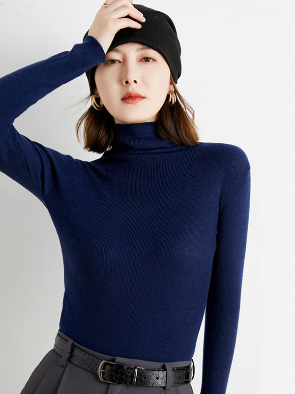 Simple Skinny Long Sleeves Solid Color High-Neck Sweater Tops Pullovers - Image 4