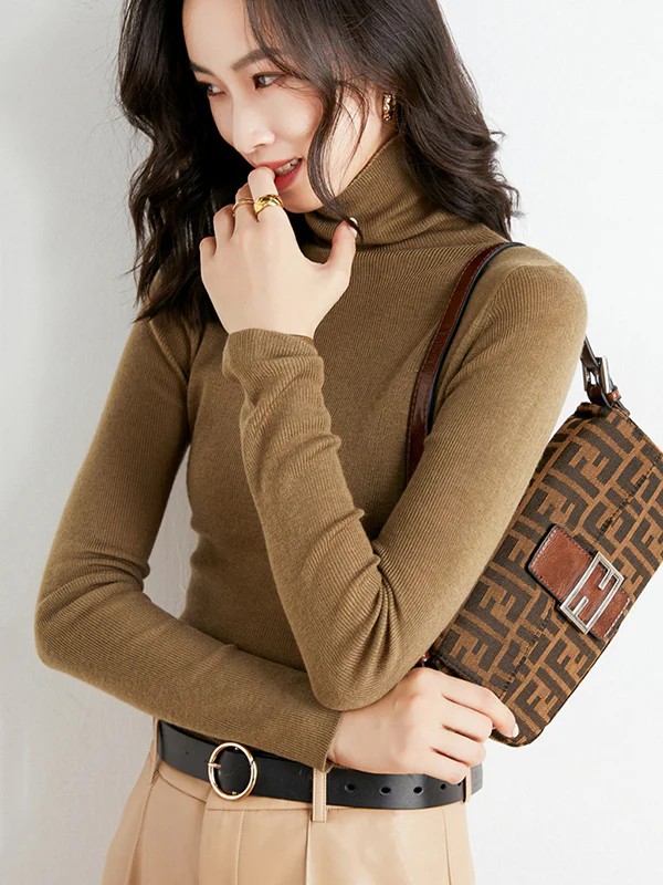 Simple Skinny Long Sleeves Solid Color High-Neck Sweater Tops Pullovers - Image 40