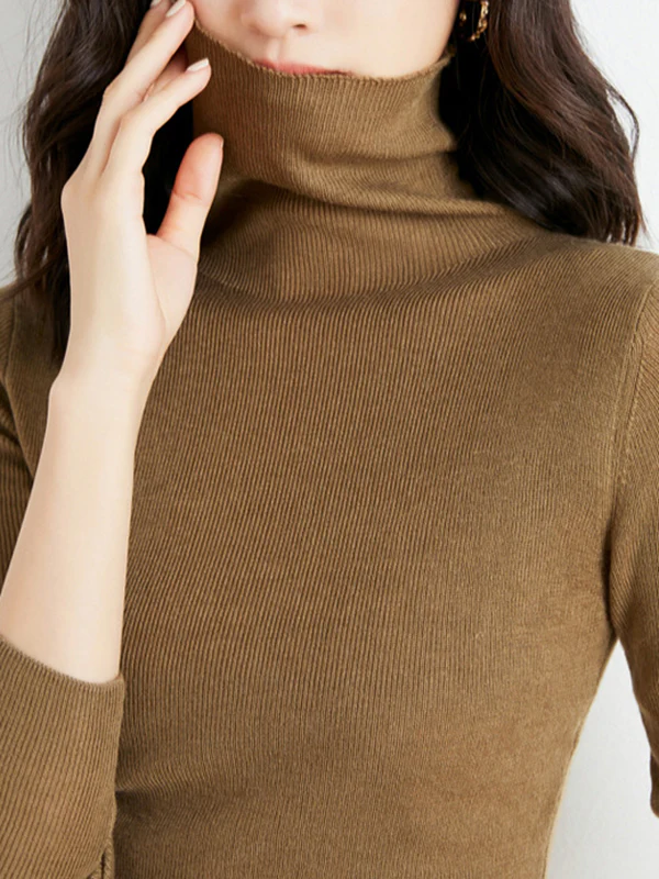 Simple Skinny Long Sleeves Solid Color High-Neck Sweater Tops Pullovers - Image 42