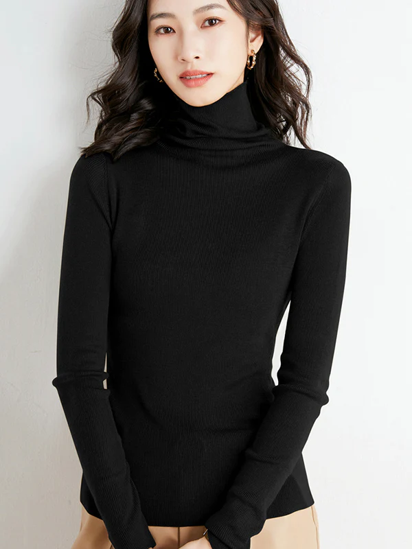 Simple Skinny Long Sleeves Solid Color High-Neck Sweater Tops Pullovers - Image 43