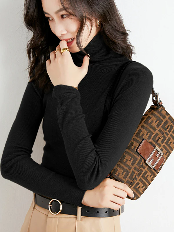 Simple Skinny Long Sleeves Solid Color High-Neck Sweater Tops Pullovers - Image 44