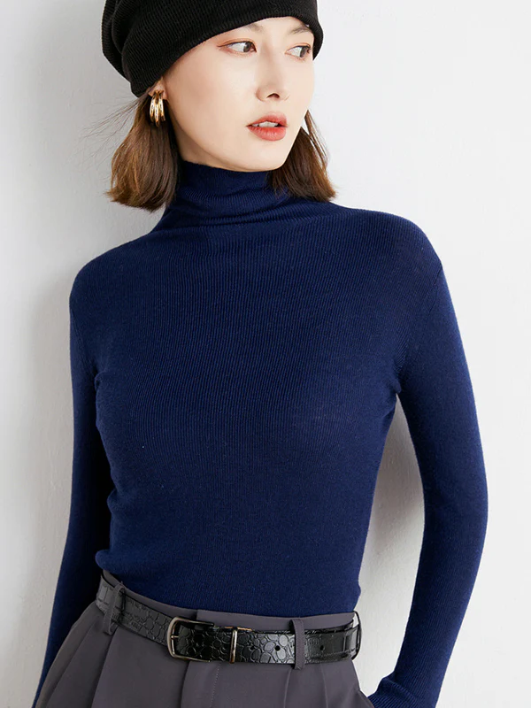 Simple Skinny Long Sleeves Solid Color High-Neck Sweater Tops Pullovers - Image 5