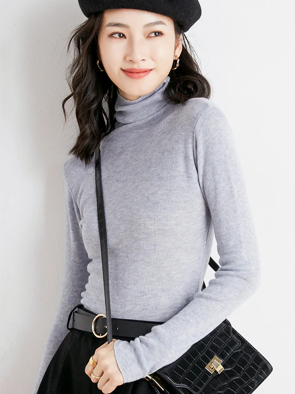 Simple Skinny Long Sleeves Solid Color High-Neck Sweater Tops Pullovers - Image 6
