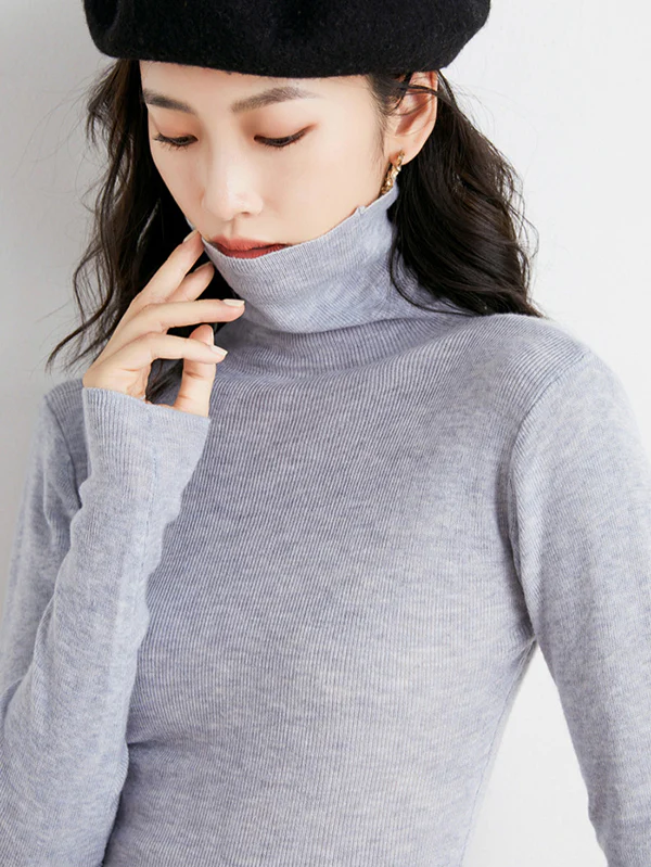 Simple Skinny Long Sleeves Solid Color High-Neck Sweater Tops Pullovers - Image 7