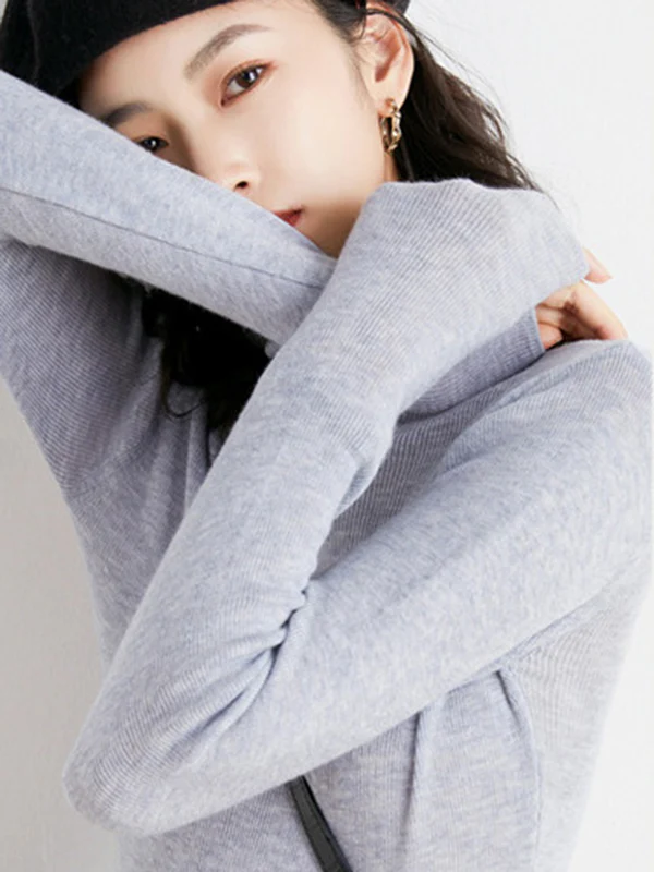 Simple Skinny Long Sleeves Solid Color High-Neck Sweater Tops Pullovers - Image 8