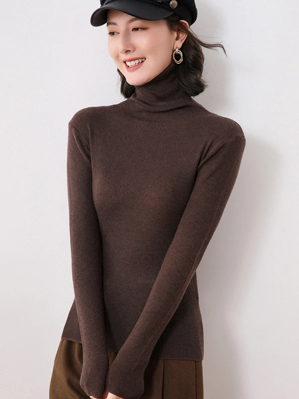 Simple Skinny Long Sleeves Solid Color High-Neck Sweater Tops Pullovers - Image 9