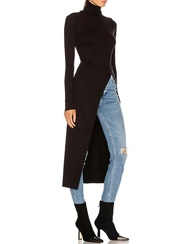 Simple Skinny Split-Side Solid Color High-Neck T-Shirts Tops - Image 2