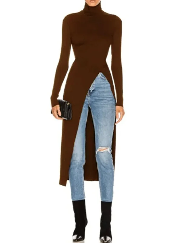 Simple Skinny Split-Side Solid Color High-Neck T-Shirts Tops - Image 3