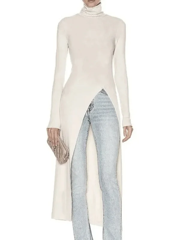 Simple Skinny Split-Side Solid Color High-Neck T-Shirts Tops - Image 4