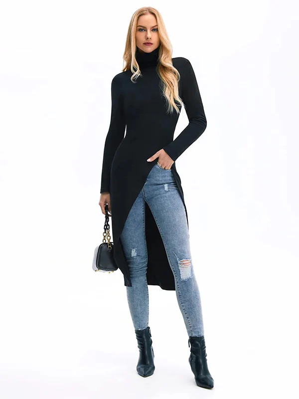 Simple Skinny Split-Side Solid Color High-Neck T-Shirts Tops - Image 5