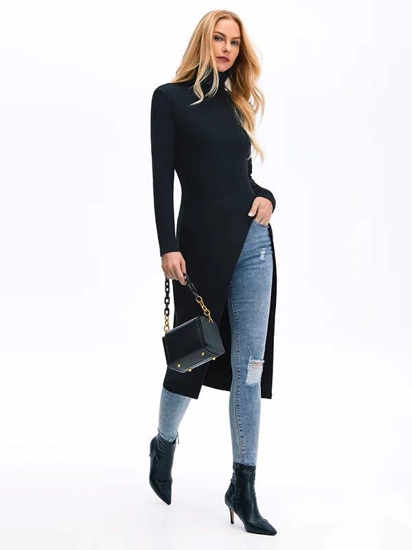 Simple Skinny Split-Side Solid Color High-Neck T-Shirts Tops - Image 6