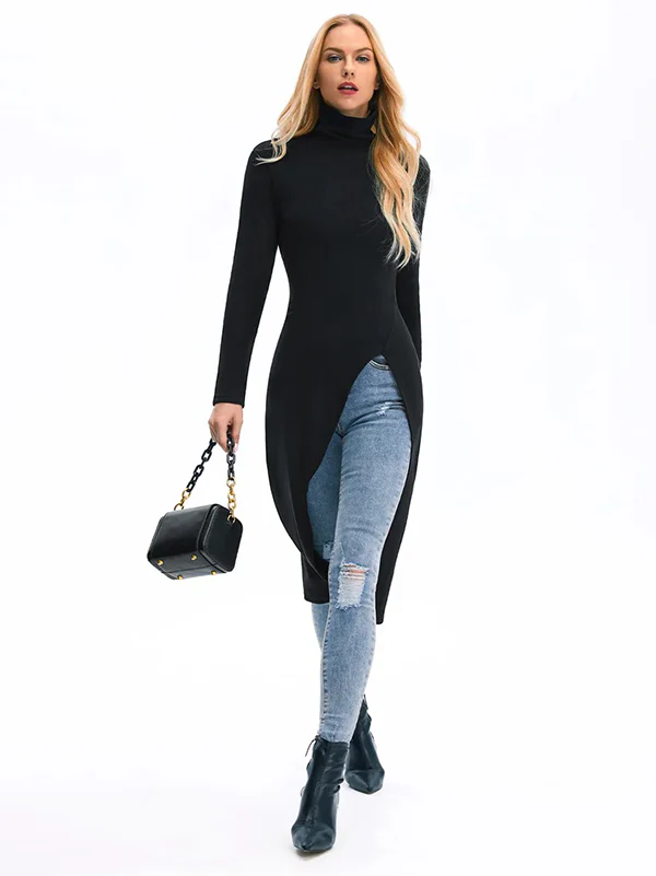 Simple Skinny Split-Side Solid Color High-Neck T-Shirts Tops - Image 7