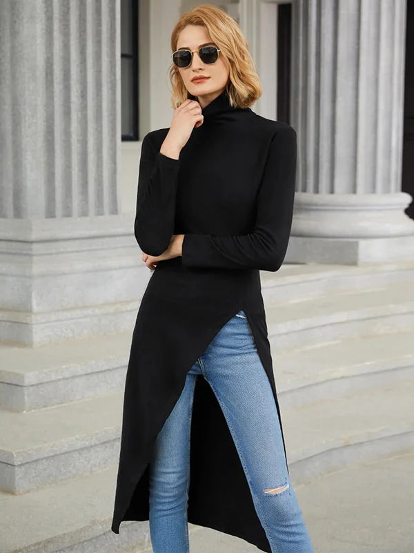 Simple Skinny Split-Side Solid Color High-Neck T-Shirts Tops - Image 9