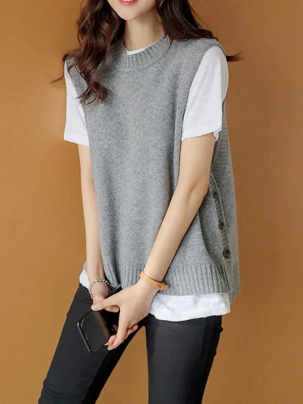Simple Sleeveless Loose Buttoned Solid Color Round-Neck Sweater Vest Outerwear - Image 15