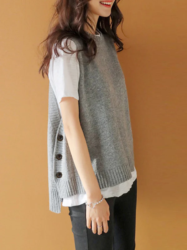 Simple Sleeveless Loose Buttoned Solid Color Round-Neck Sweater Vest Outerwear - Image 17