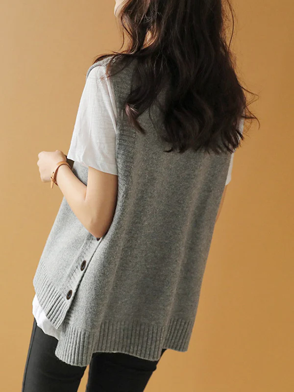 Simple Sleeveless Loose Buttoned Solid Color Round-Neck Sweater Vest Outerwear - Image 18